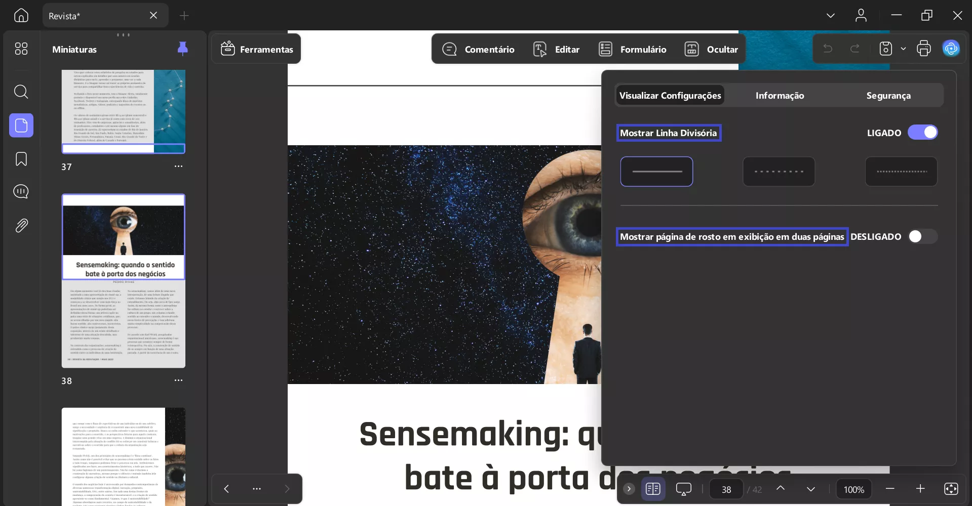 mostrar a página de capa e a linha divisória