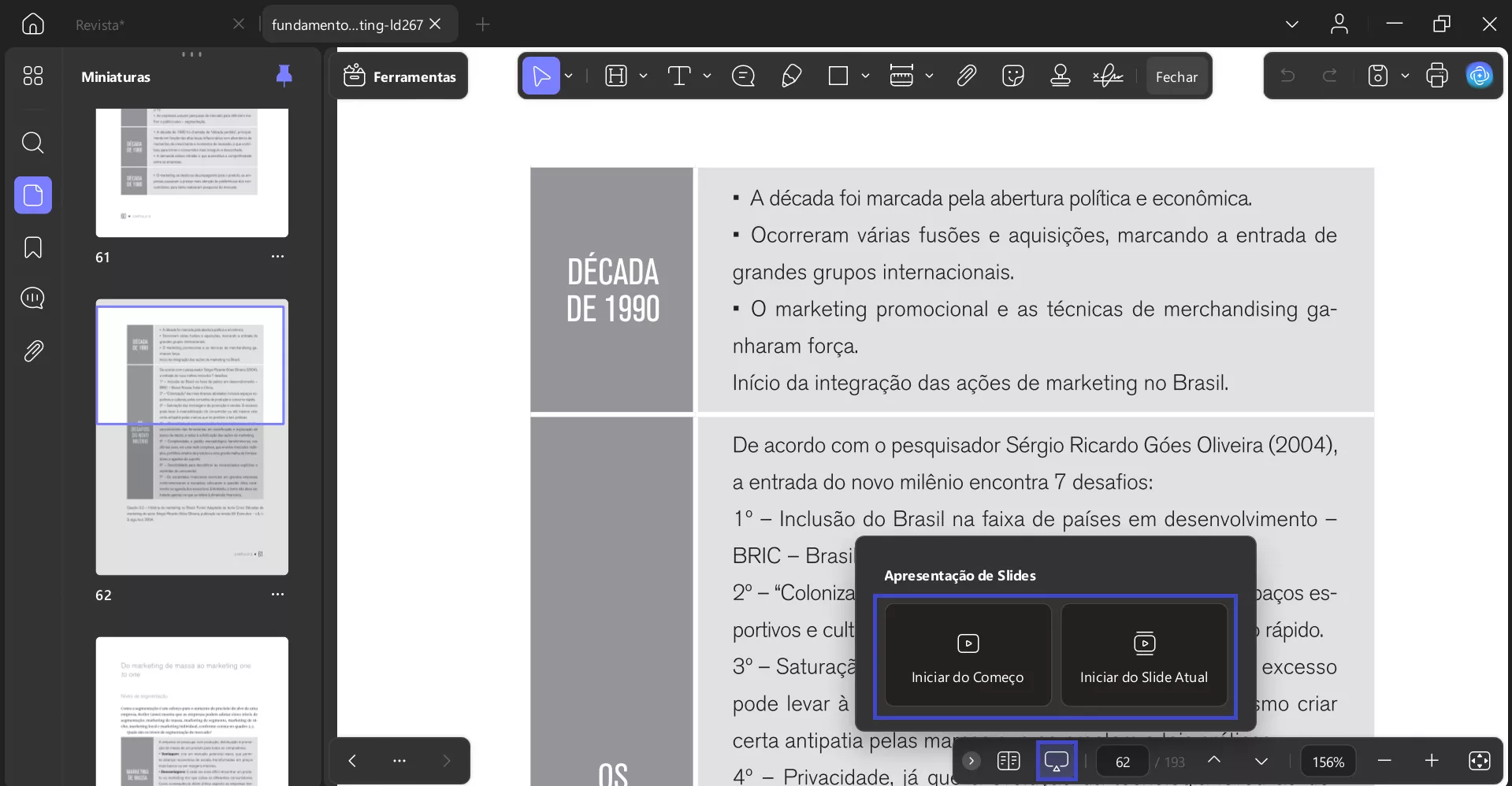 tocar do início ou do slide atual