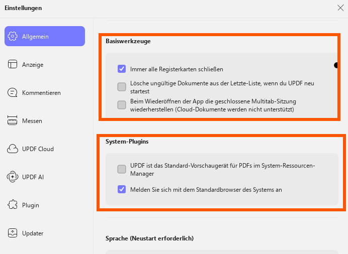 Grundlegende allgemeine Einstellungen anzeigen updf windows 2