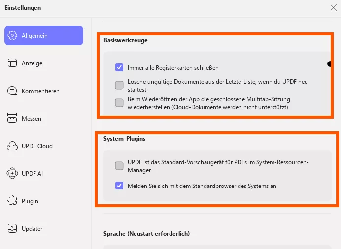 Grundlegende allgemeine Einstellungen anzeigen updf windows 2