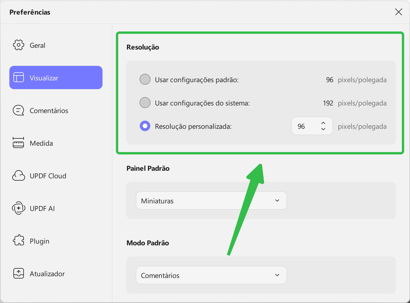 três tipos de configurações de resolução