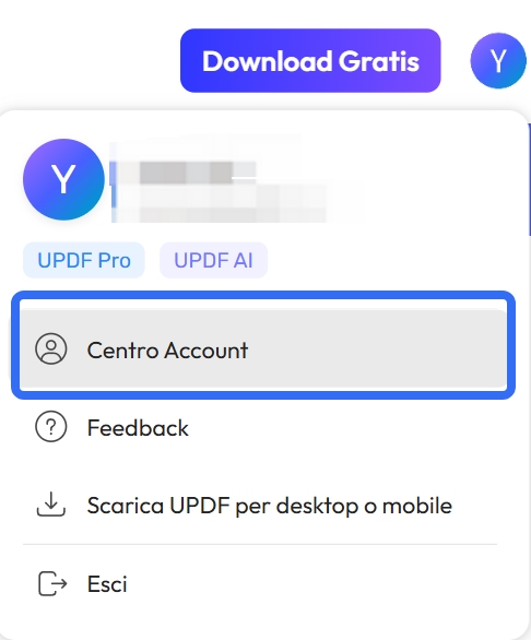 Fare clic sul centro account nel sito web UPDF