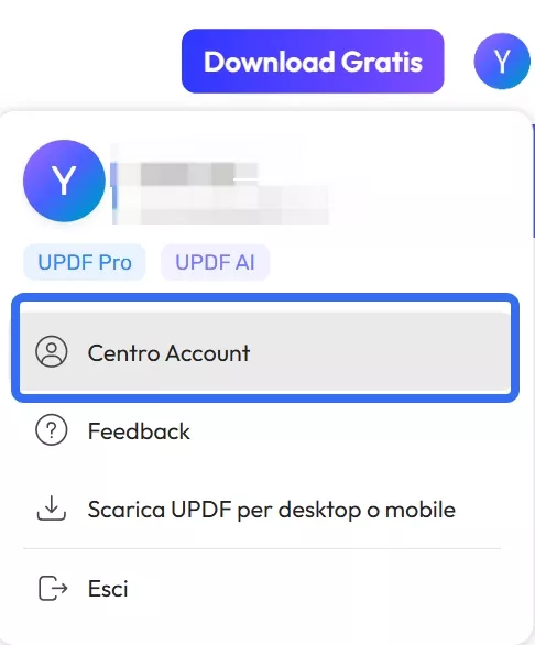 Fare clic sul centro account nel sito web UPDF