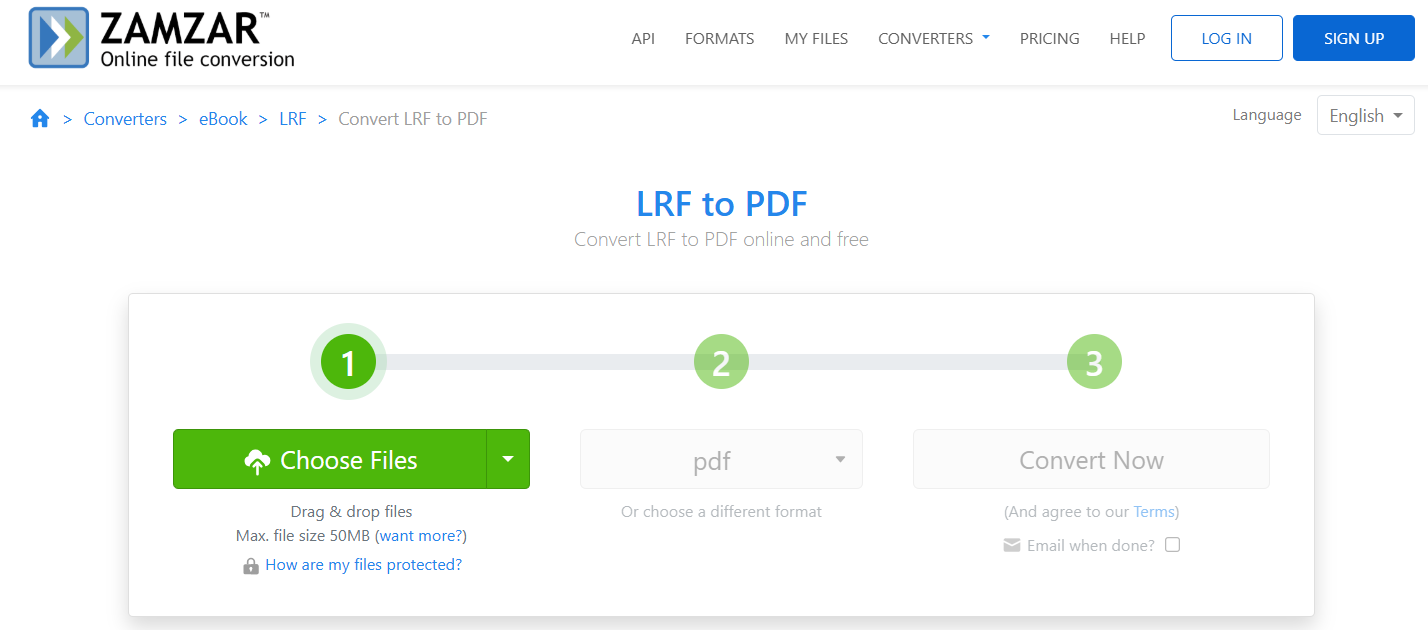 convert lrf to pdf using zamzar