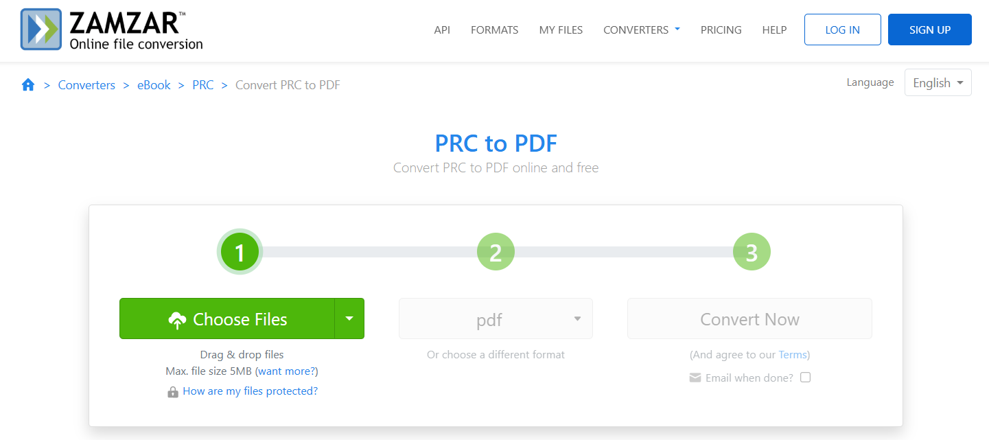 convert prc to pdf using zamzar