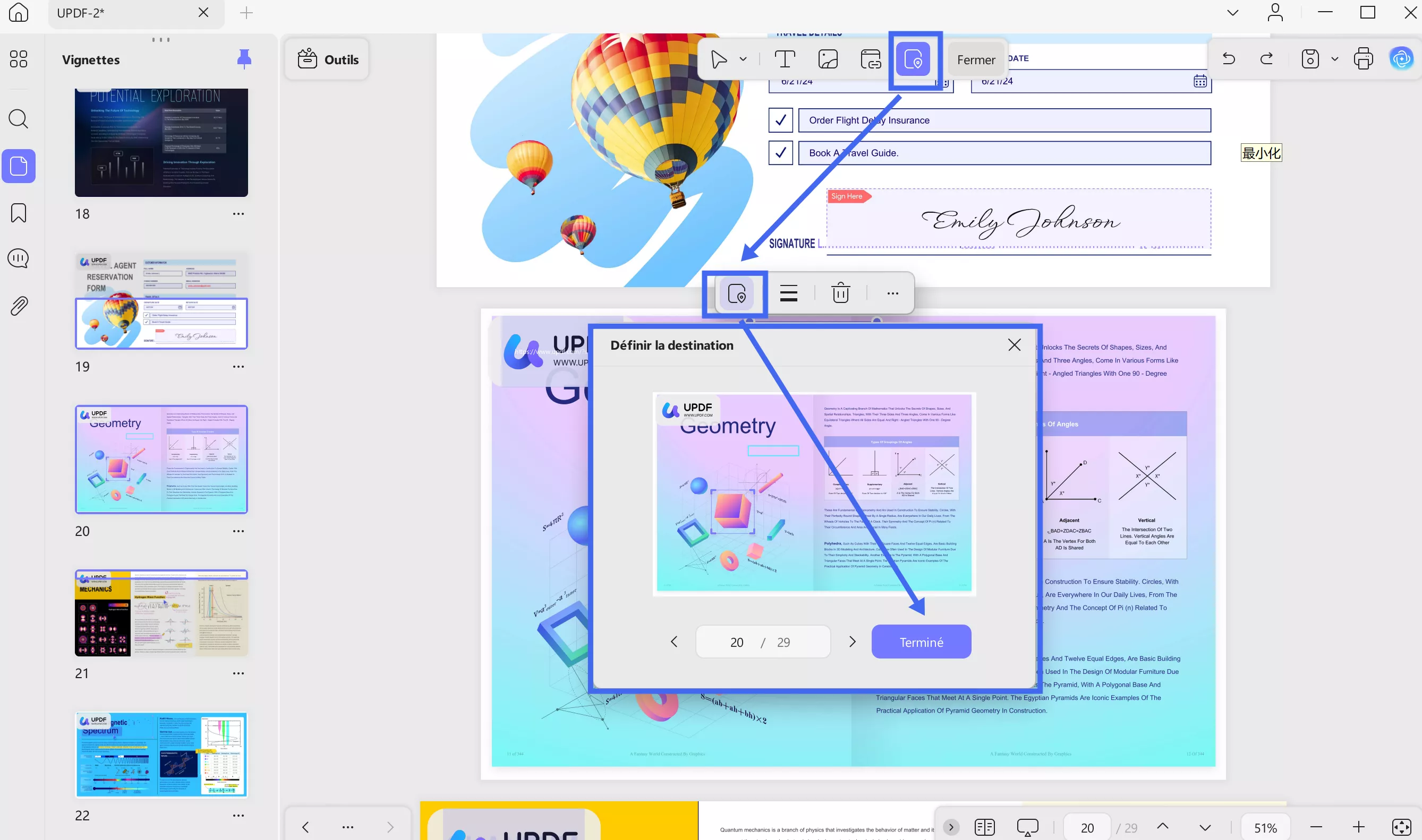 set destination of page index
