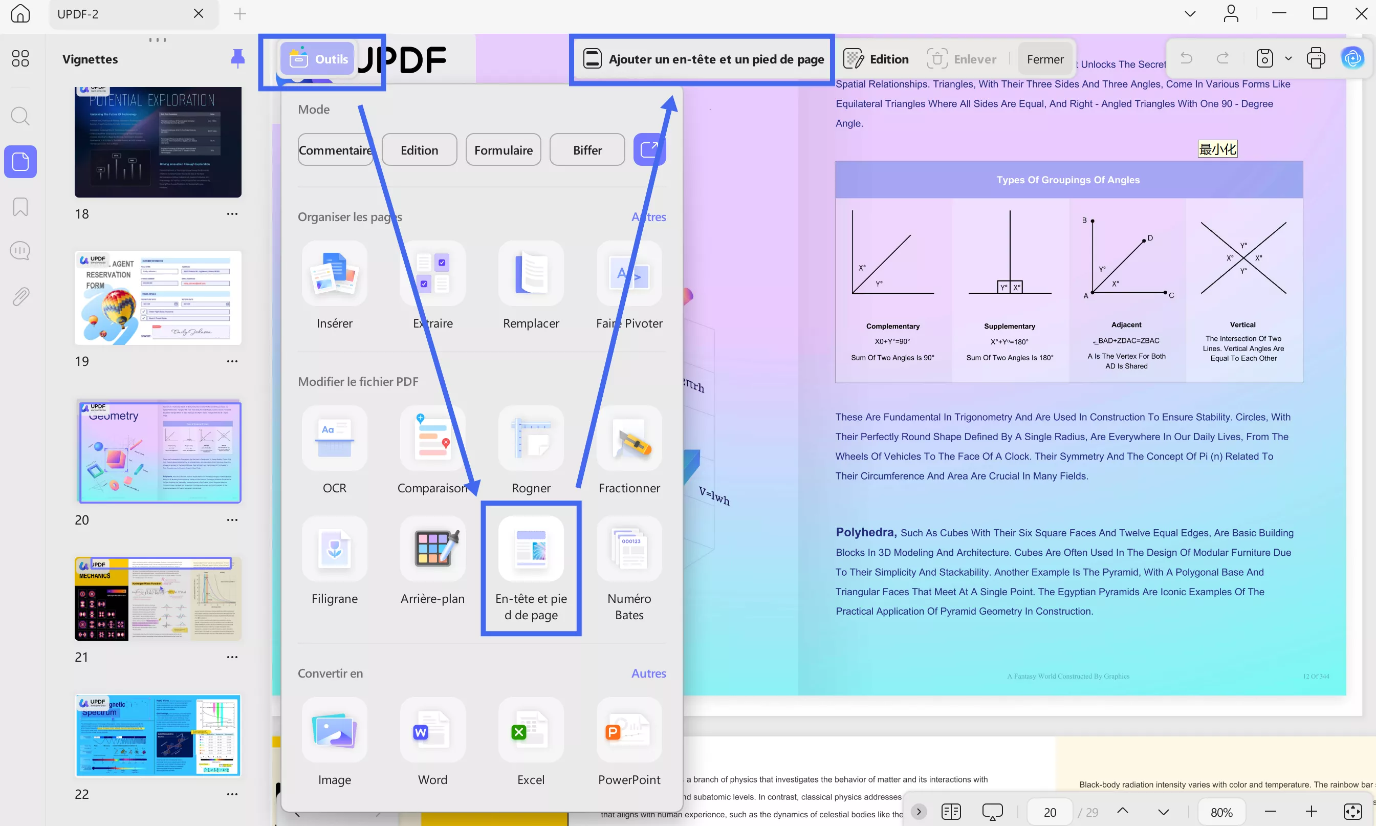 navigate to header and footer tool
