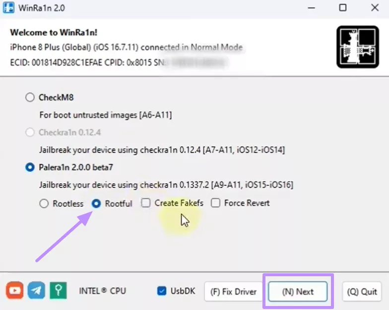 start rootful jailbreak using winra1n