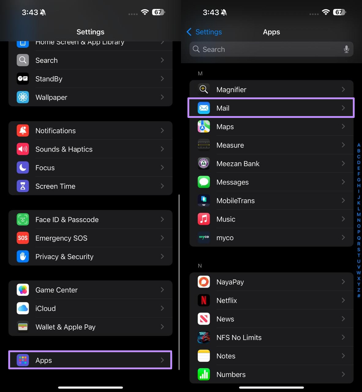 access the mail app settings