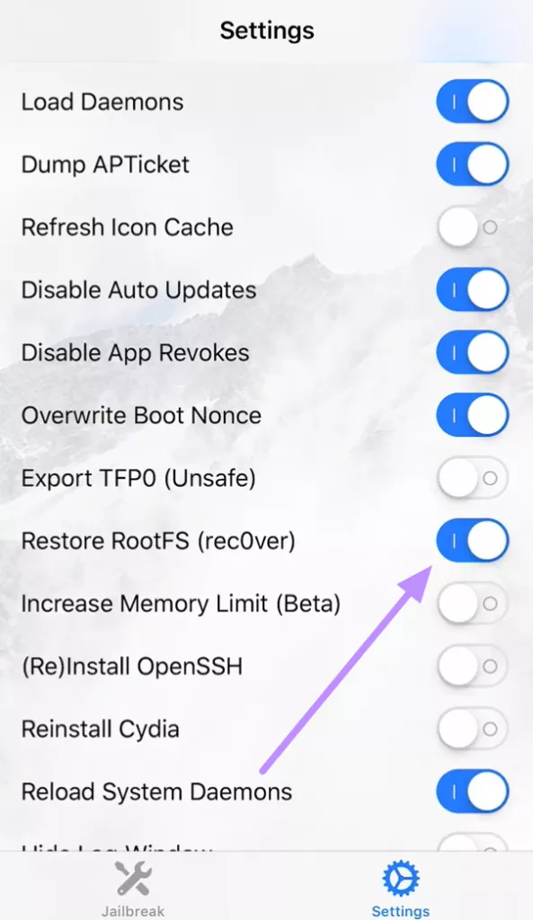 turn on restore rootfs toggle