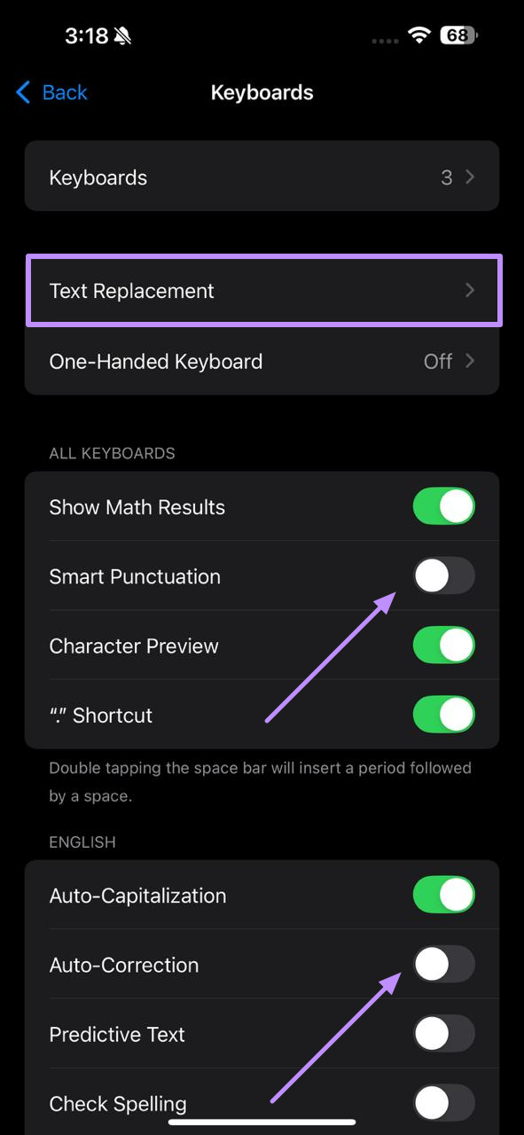 turn off smart punctuation and auto correction