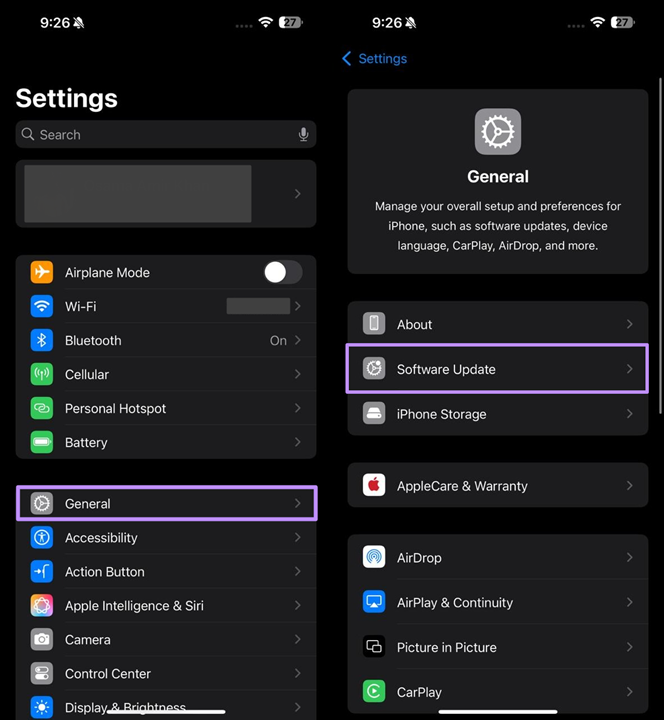 access software update screen