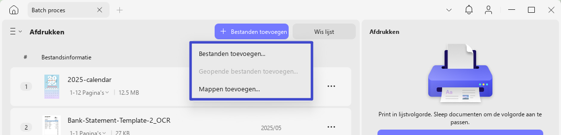 bestanden toevoegen aan batch-afdruksectie updf windows