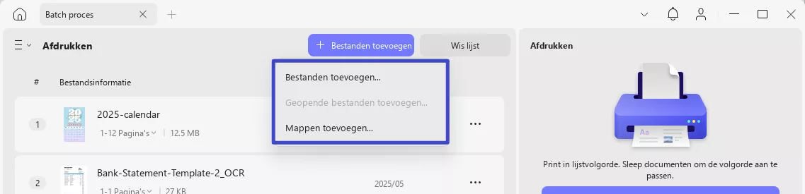 bestanden toevoegen aan batch-afdruksectie updf windows