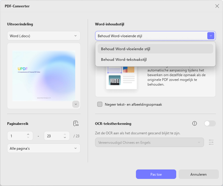 Stijlinstellingen voor het converteren van updf in Windows aanpassen
