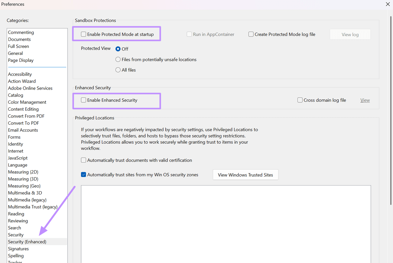 adjust enhanced security settings acrobat