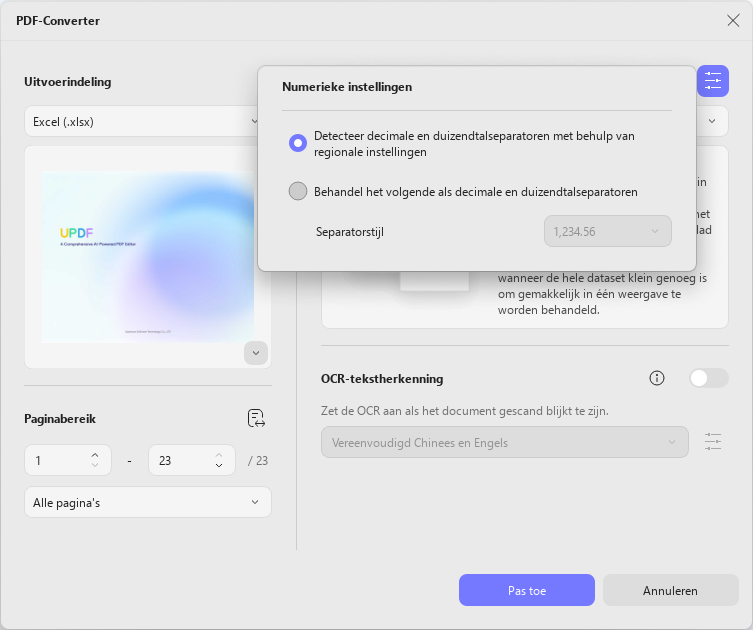 Numerieke instellingen aanpassen voor Excel-bestand UPDF Windows 2