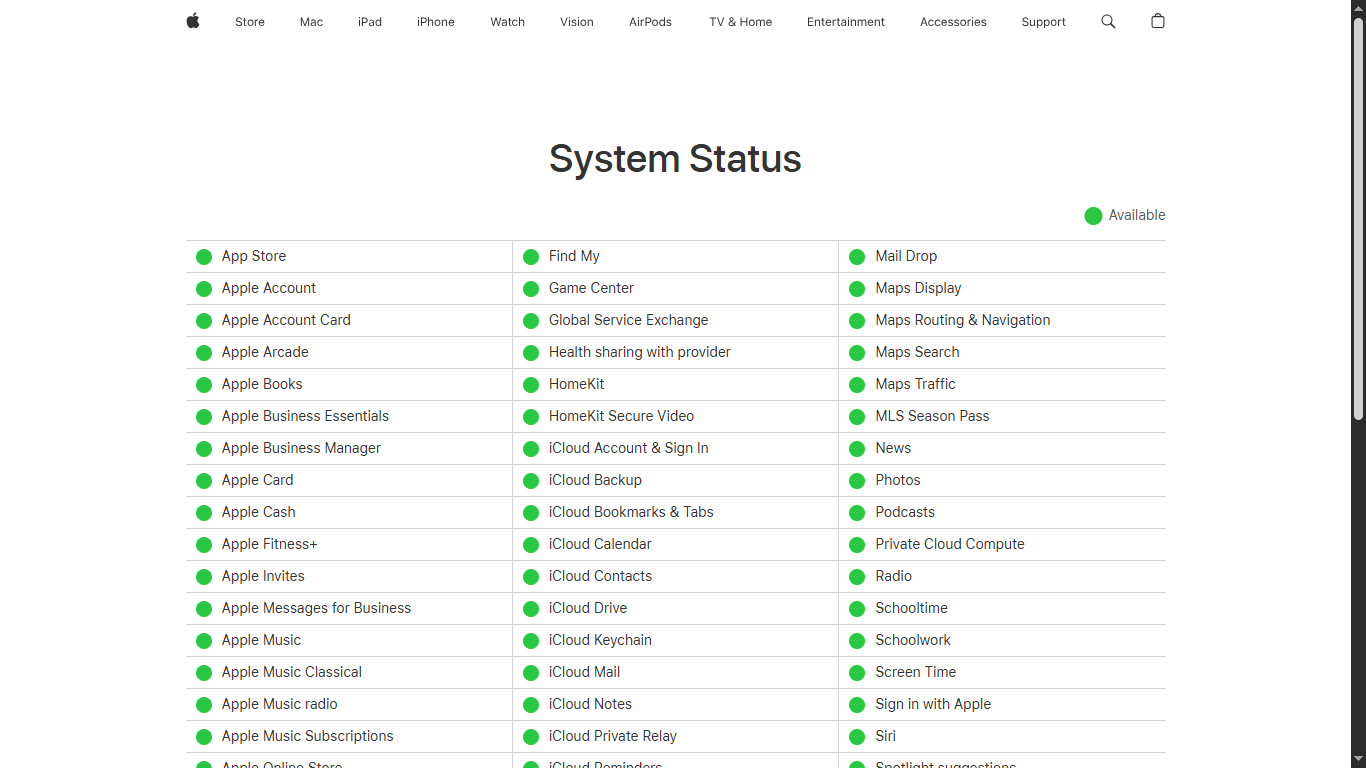 apple’s system status page