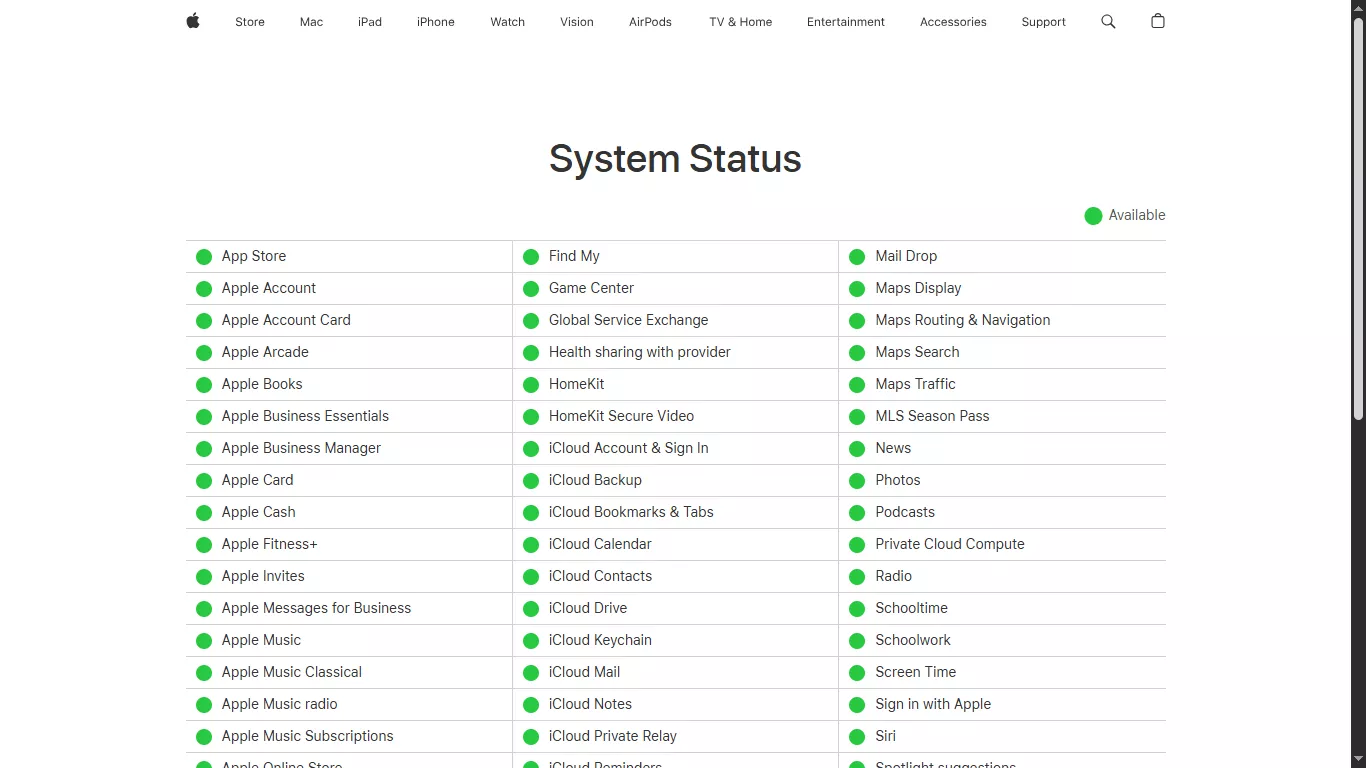 apple’s system status page