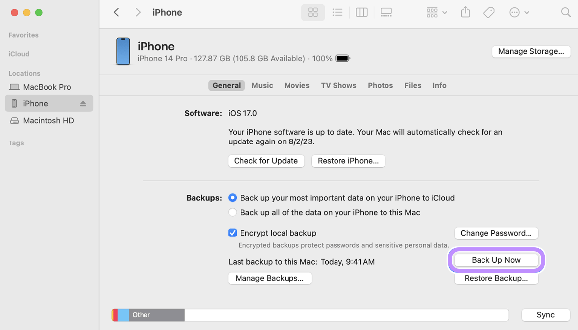 sauvegarder l'iPhone dans iTunes