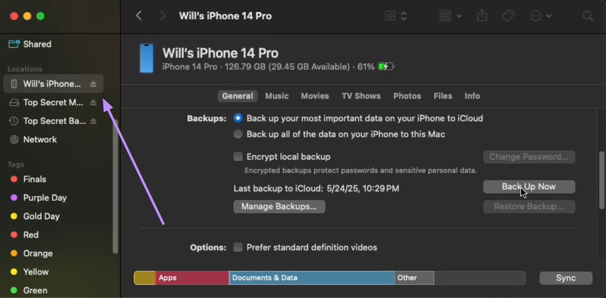 backup iphone with finder
