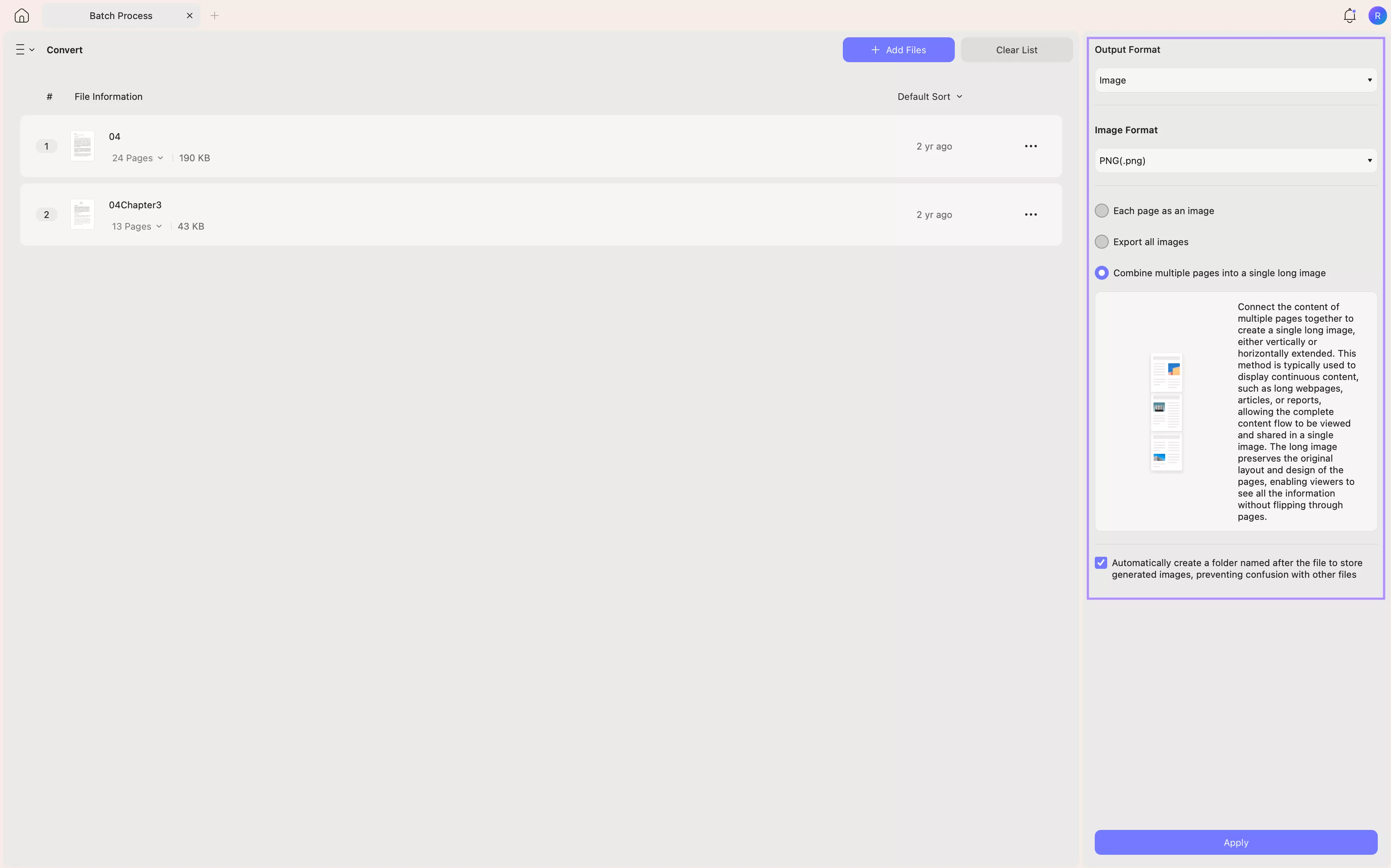 batch combine multiple pages into a single long image updf mac