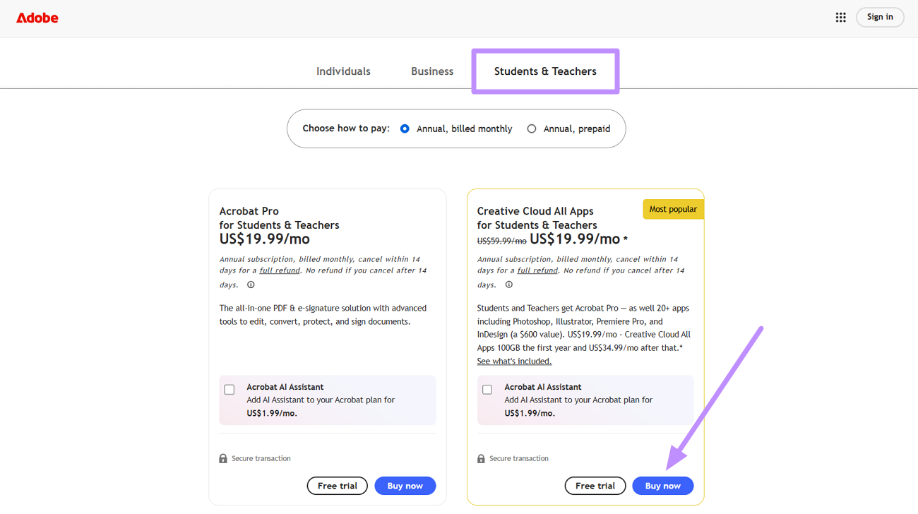 buy the students and teachers plan acrobat