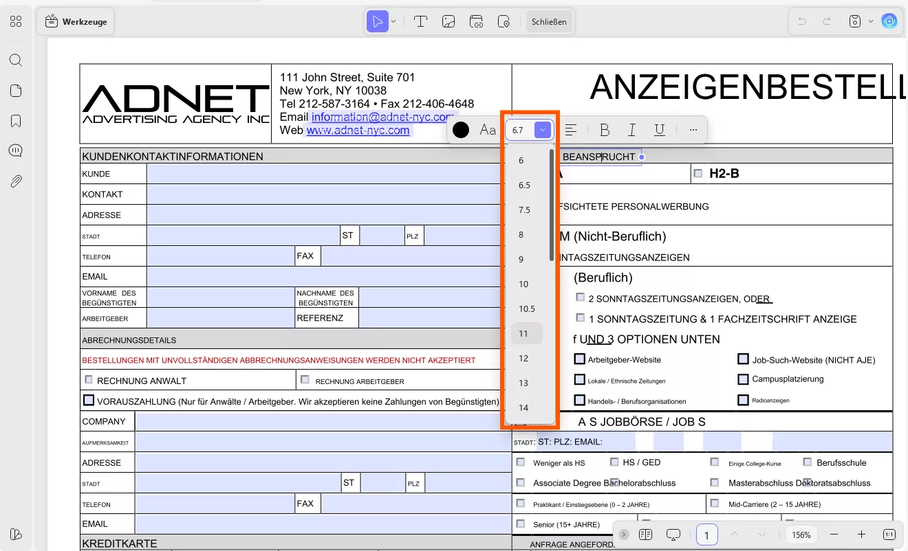 Ändern der Schriftgröße in einem ausfüllbaren PDF-Formular