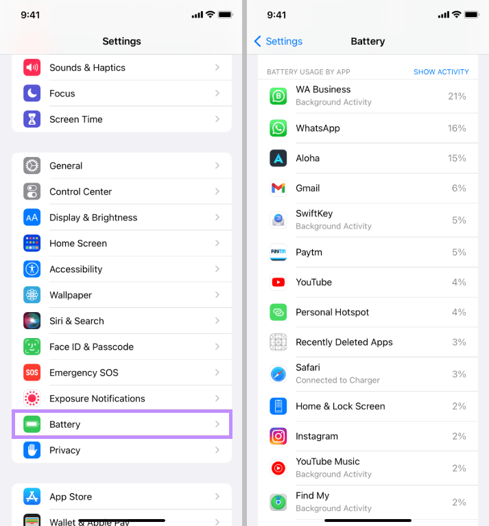 iPhone'da pil kullanımını kontrol edin
