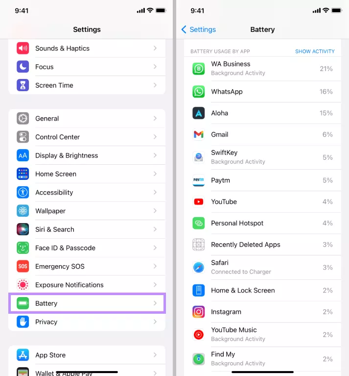 check battery usage iphone