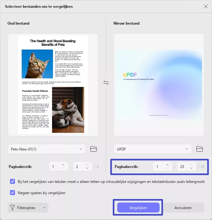 Kies paginabereik om updf windows 2 te vergelijken