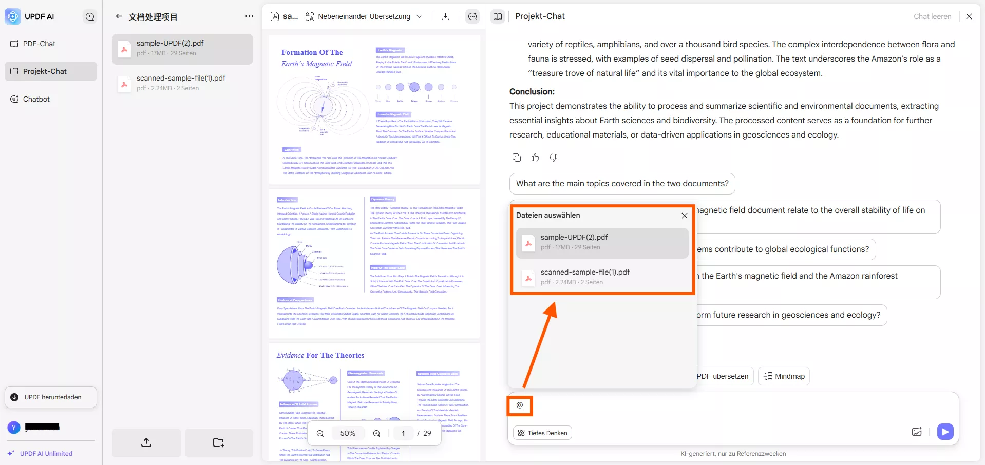 Übersetzen Sie mit spezifischem Projekt UPDF AI Online Version 2.