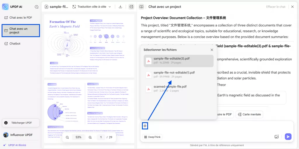sélectionnez un fichier spécifique pour discuter dans le projet de discussion dans la version en ligne 2 d'Updf AI