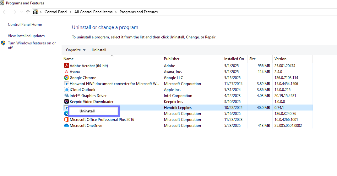 click uninstall acrobat windows
