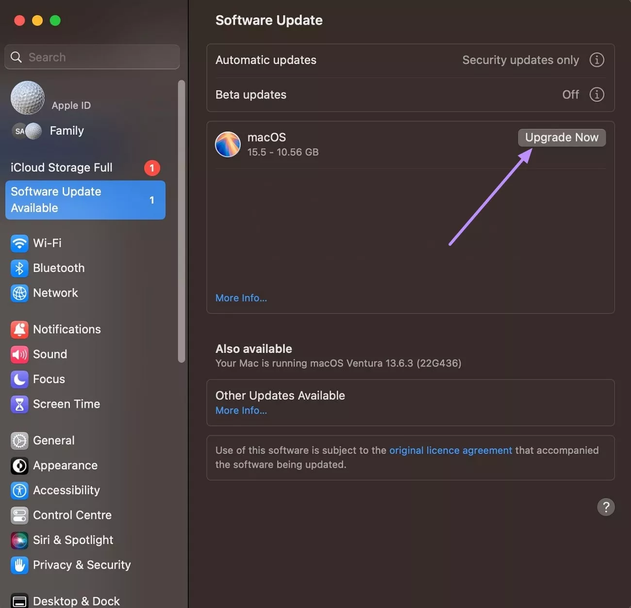 click upgrade now button for macos 26 developer beta