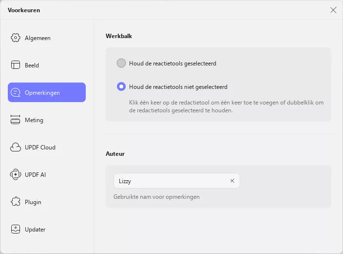 voorkeuren voor commentaar updf windows 2
