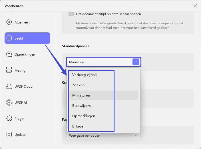 standaard linkerpaneelinstellingen updf windows