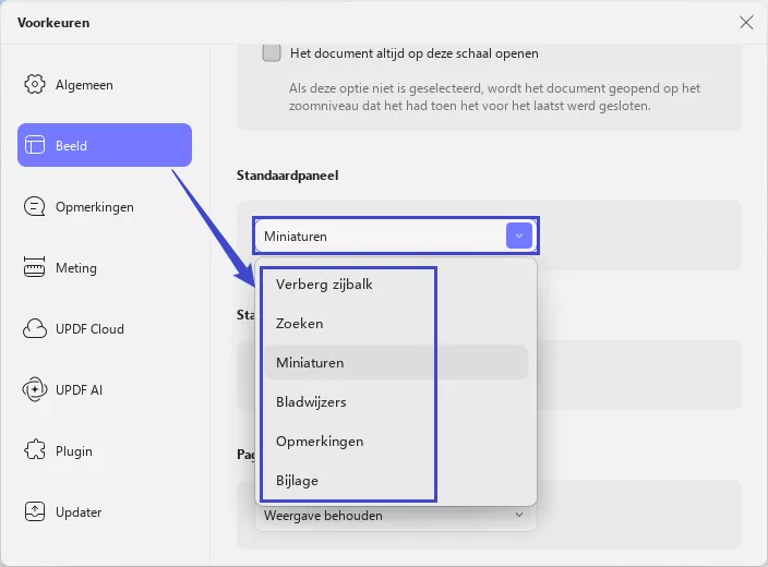 standaard linkerpaneelinstellingen updf windows