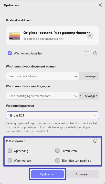 definieer pdf-instellingen voor updf windows 2