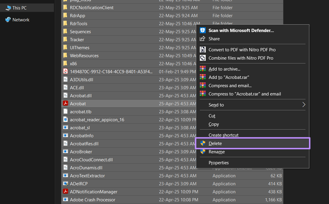 delete adobe acrobat from file location