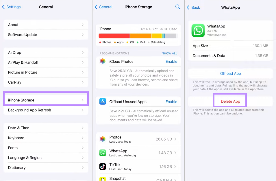 iPhone depolama alanından uygulamayı sil