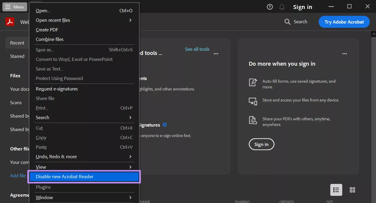 disable new acrobat reader from menu