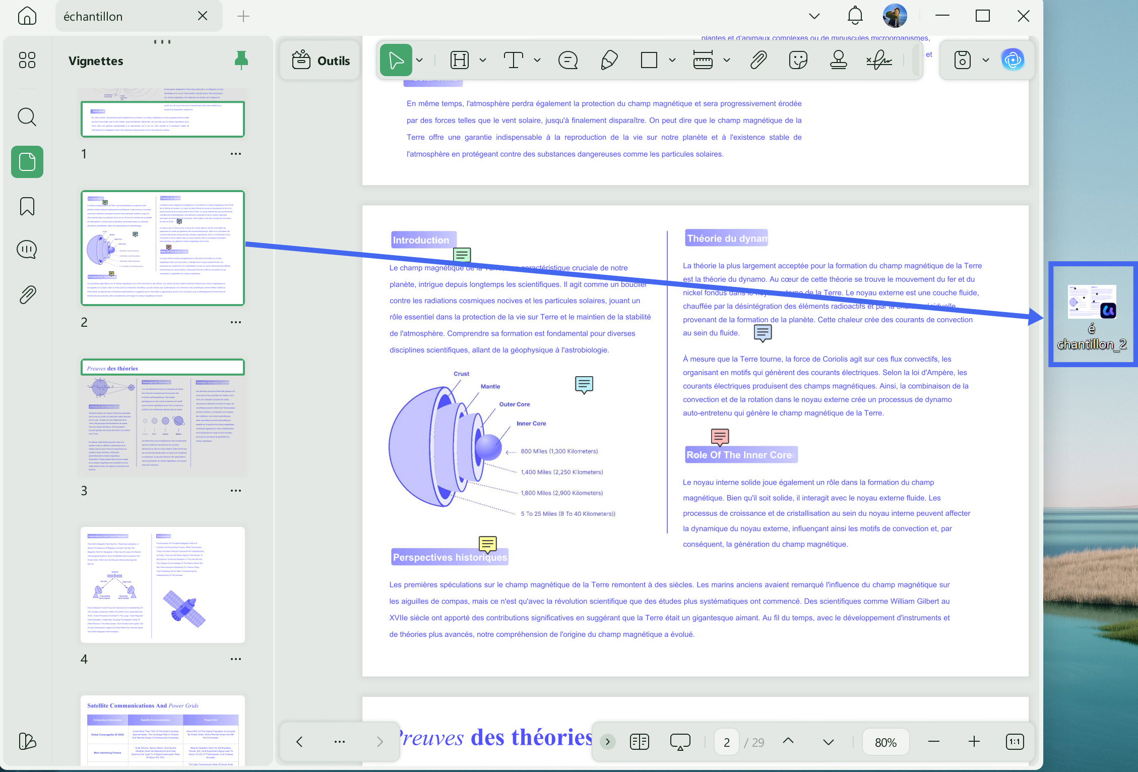 faire glisser les pages directement des vignettes vers le bureau