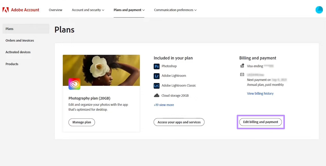 edit the billing and payment method acrobat