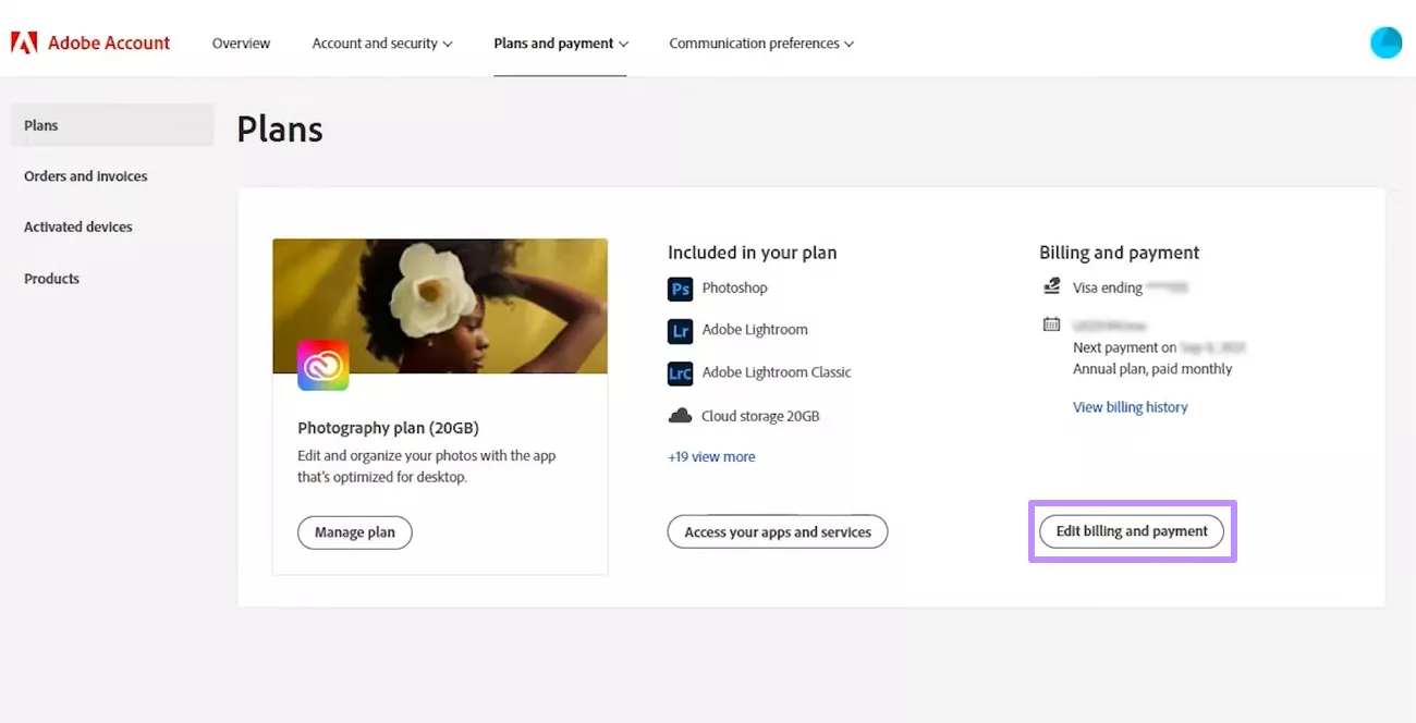 edit the billing and payment method acrobat