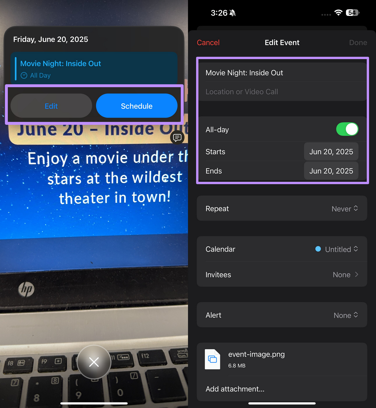 edit the created event