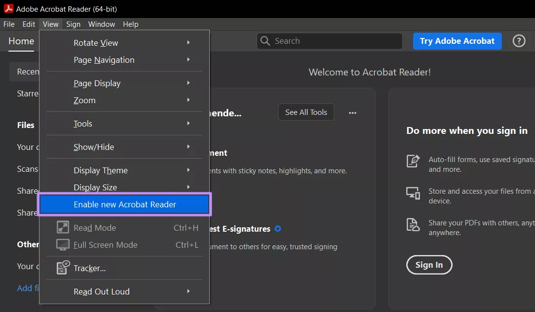enable new acrobat reader from view tab