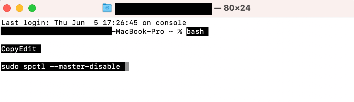 enter the command in the terminal window