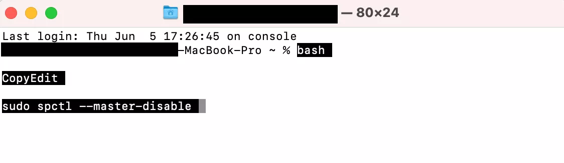 enter the command in the terminal window