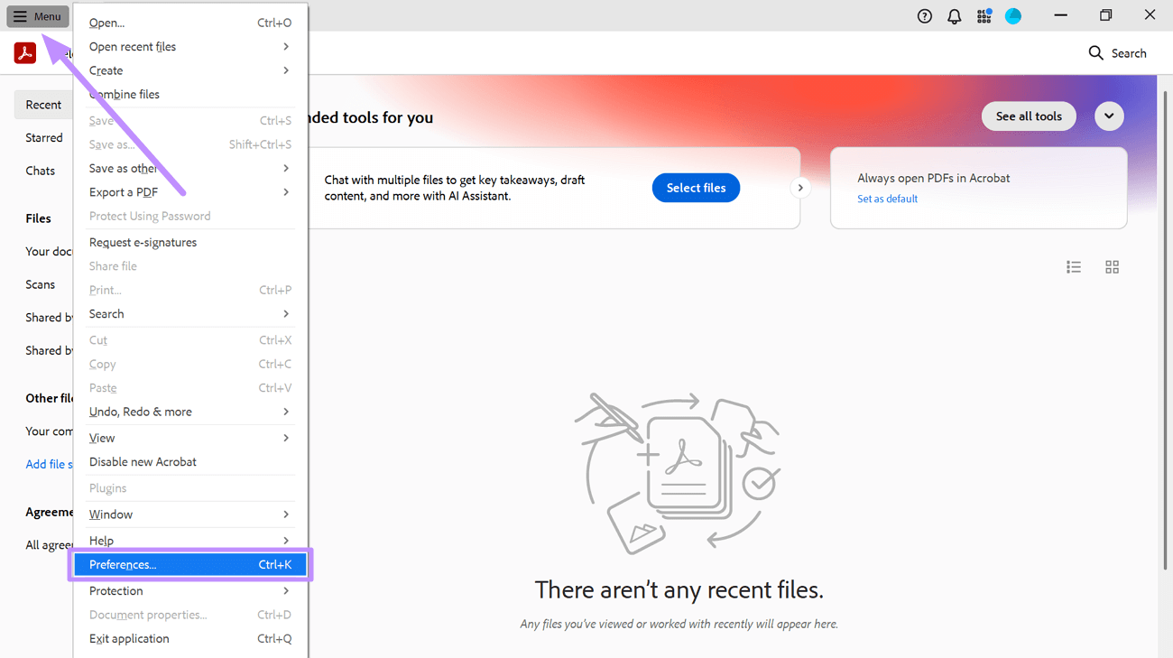 enter the preferences window acrobat